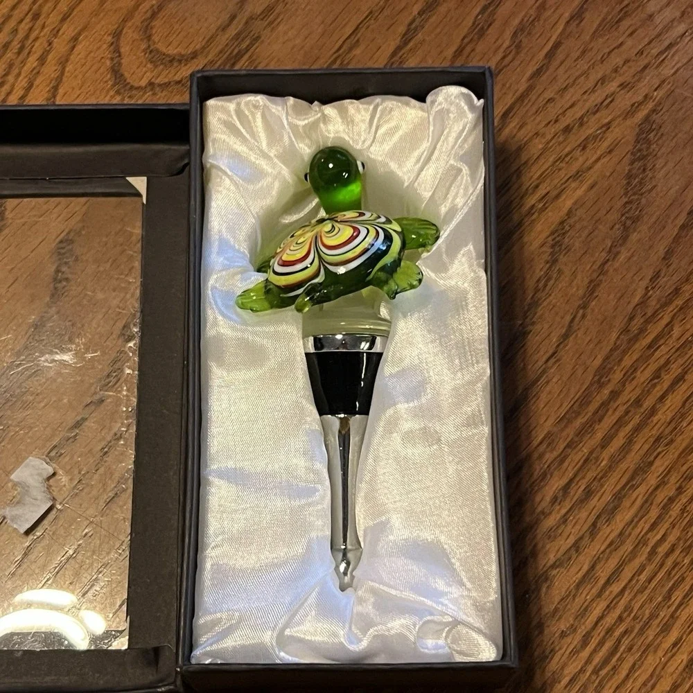 Art Glass Turtle Wine Bottle Stopper Colorful Murano Style Barware Decor Coastal
